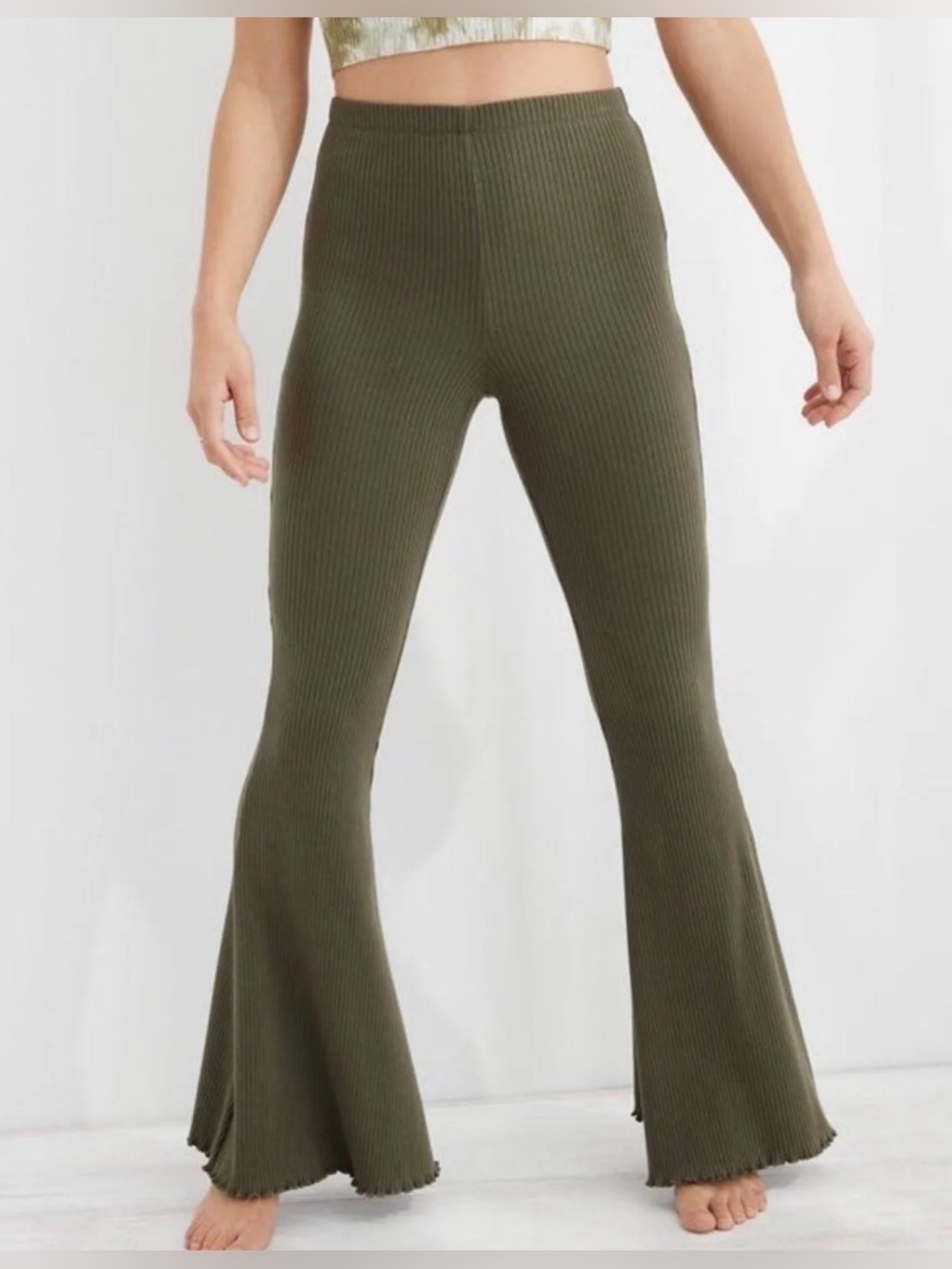 aerie Ribbed High-Rise Flare Pants in Olive - Picture 2 of 6